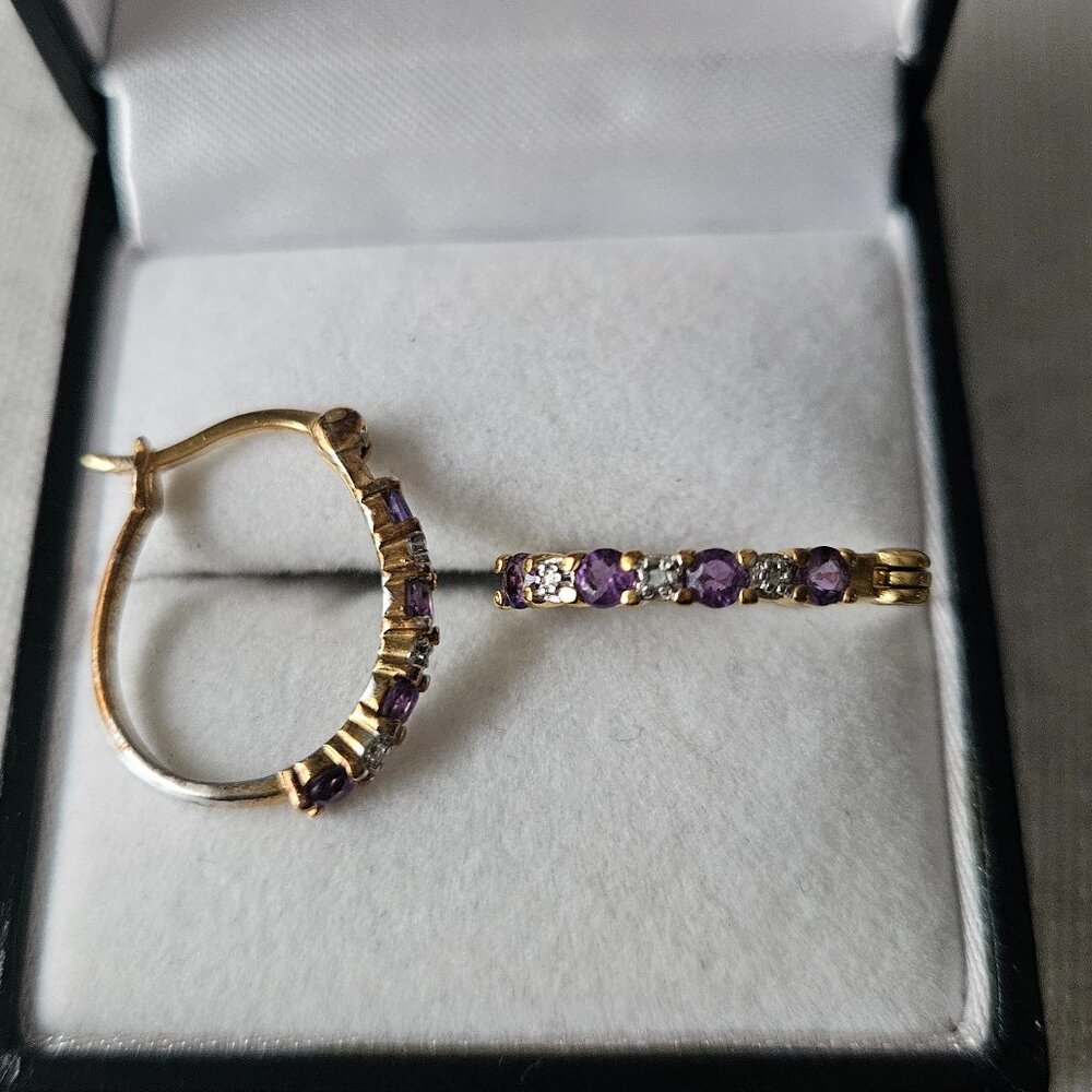Vintage Amythest and Diamond Accent Sterling/Gold Overlay Hoops